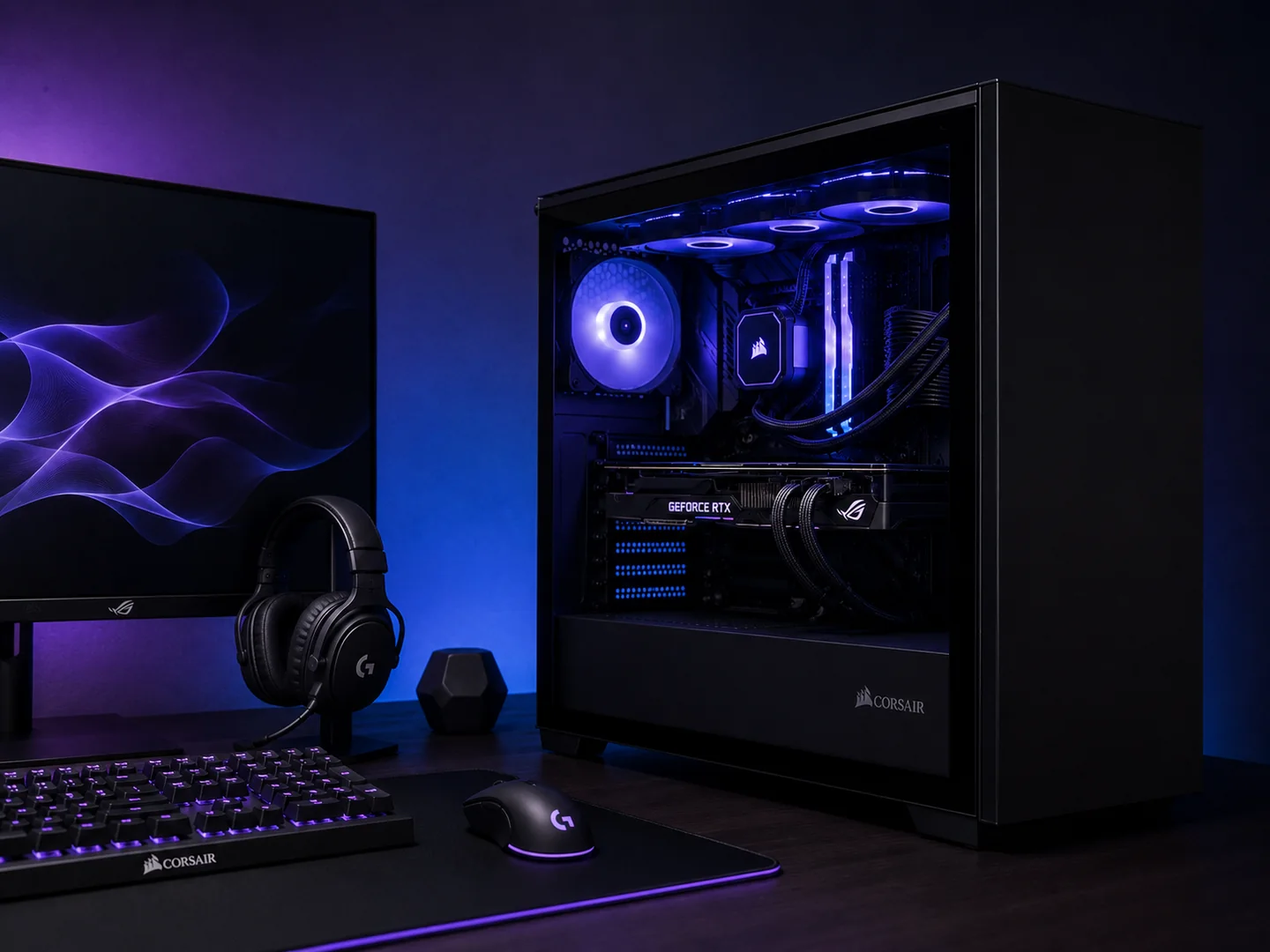 PC gaming eclaire en violet et bleu